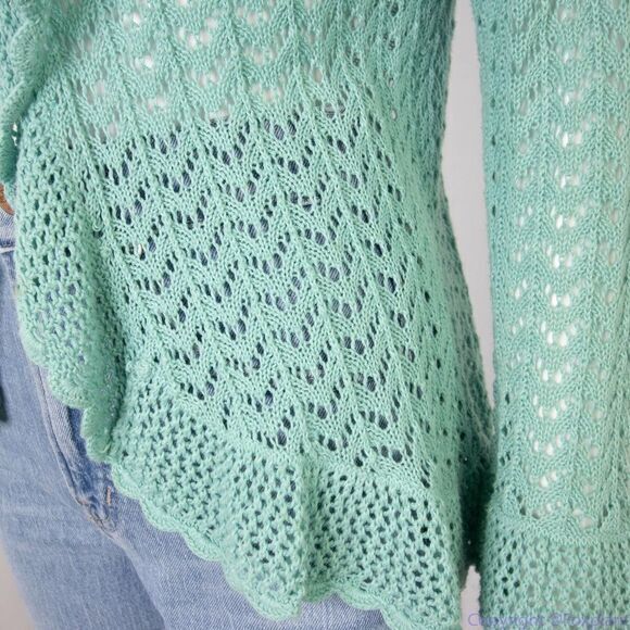 Pointelle green linen cotton blend cardigan sweater, size M - Picture 6 of 16